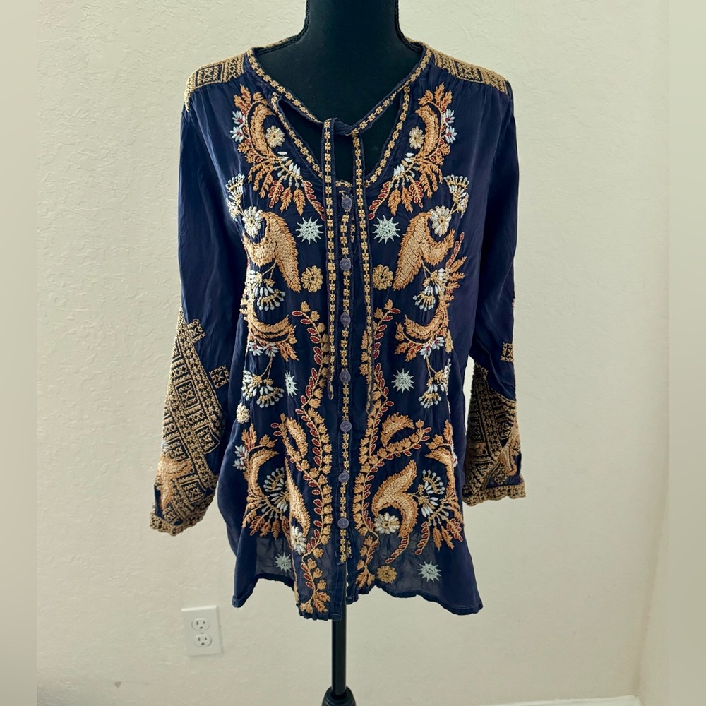 Johnny Was Navy Blouse with Gold Embroidery